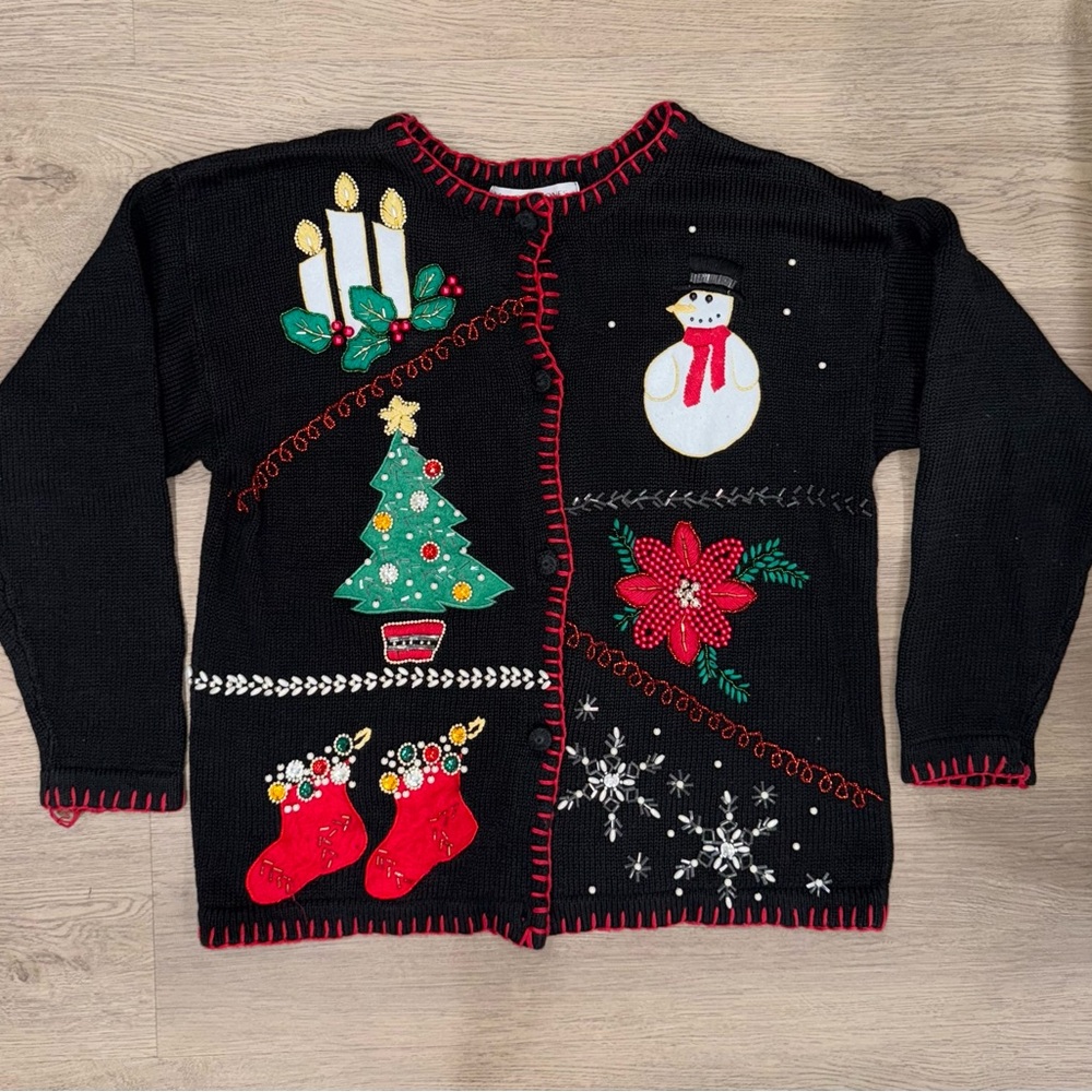 Vintage Victoria Jones Black Holiday Christmas Embroidered Cardigan Sweater-Sz S